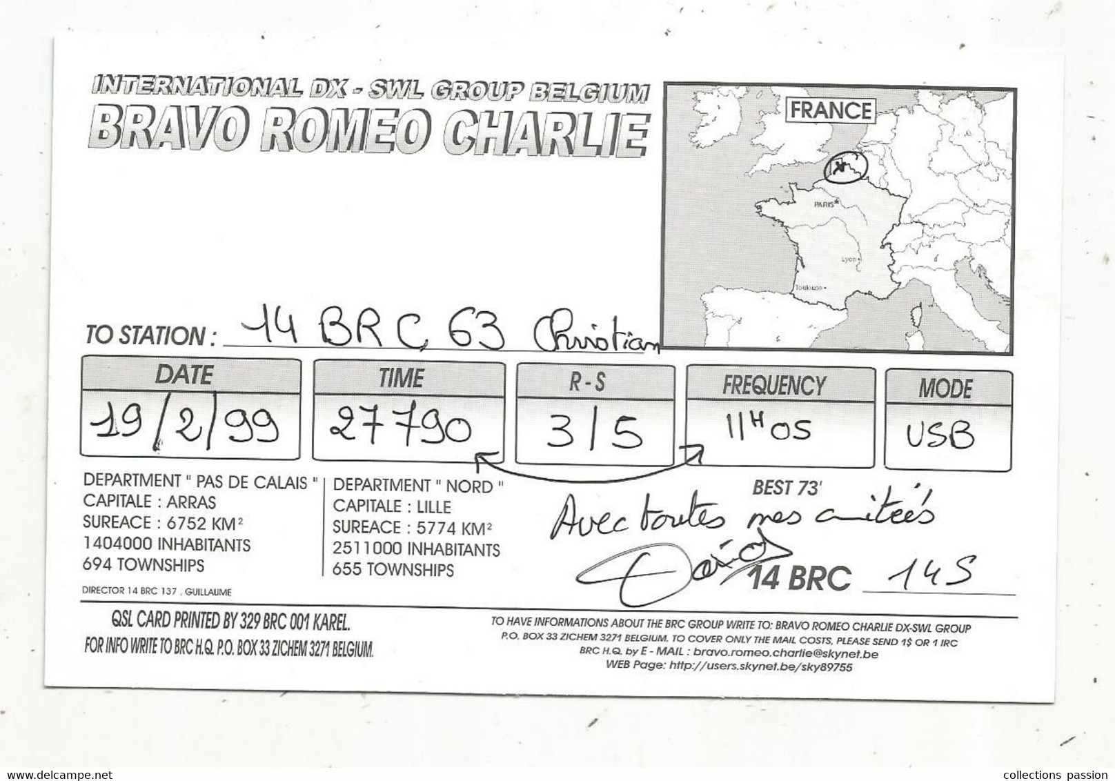 Carte QSL , Bravo Romeo Charlie , Division : FRANCE ,région Nord , Mine , Mineur , 2 Scans - Radio Amateur