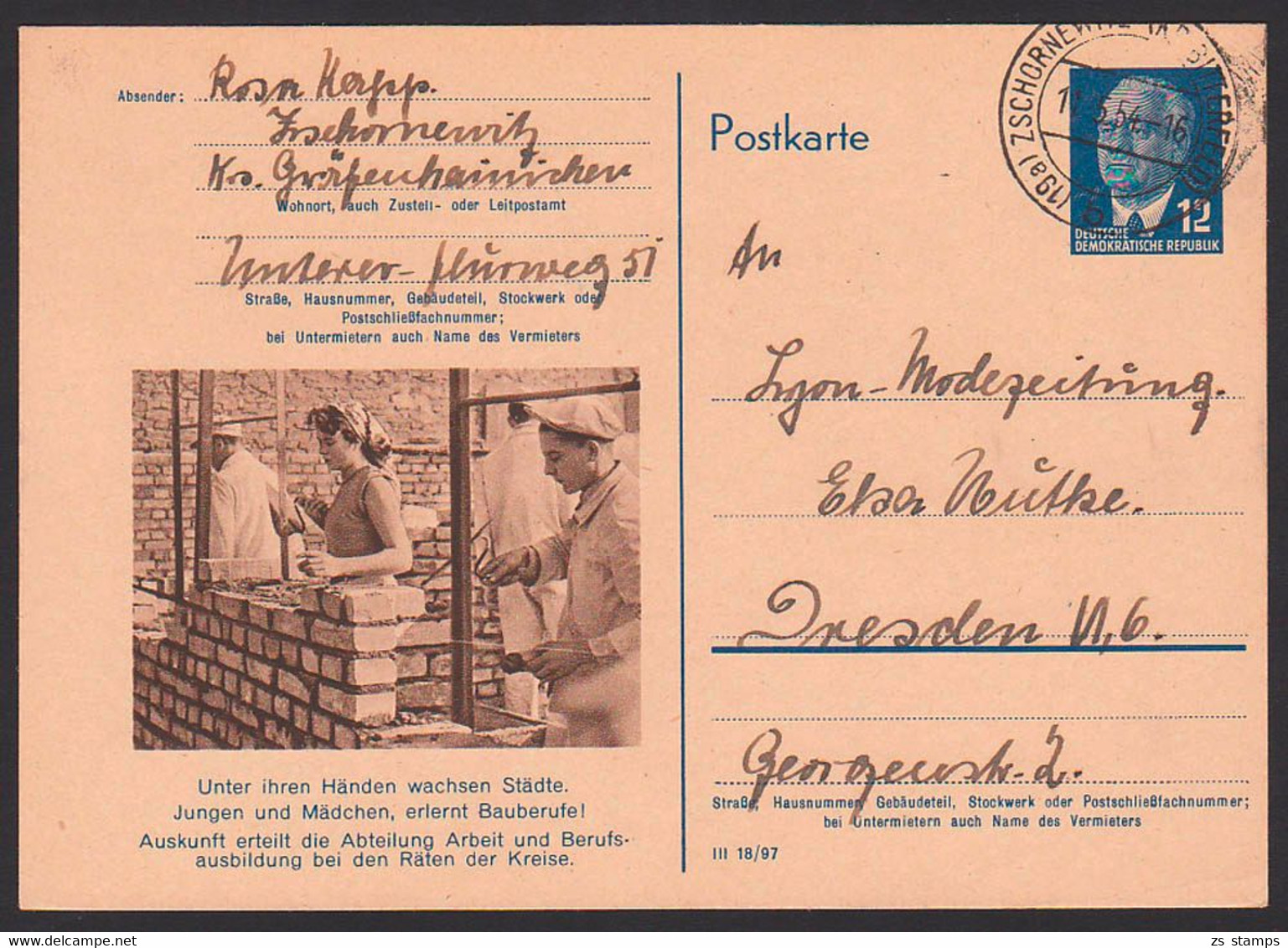 Building Mason DDR P56/02 'Bauberufe' Lehre Maurerin Ausbildung Zschornewitz Kr. Bitterfeld 11.5.54 - Postales - Usados