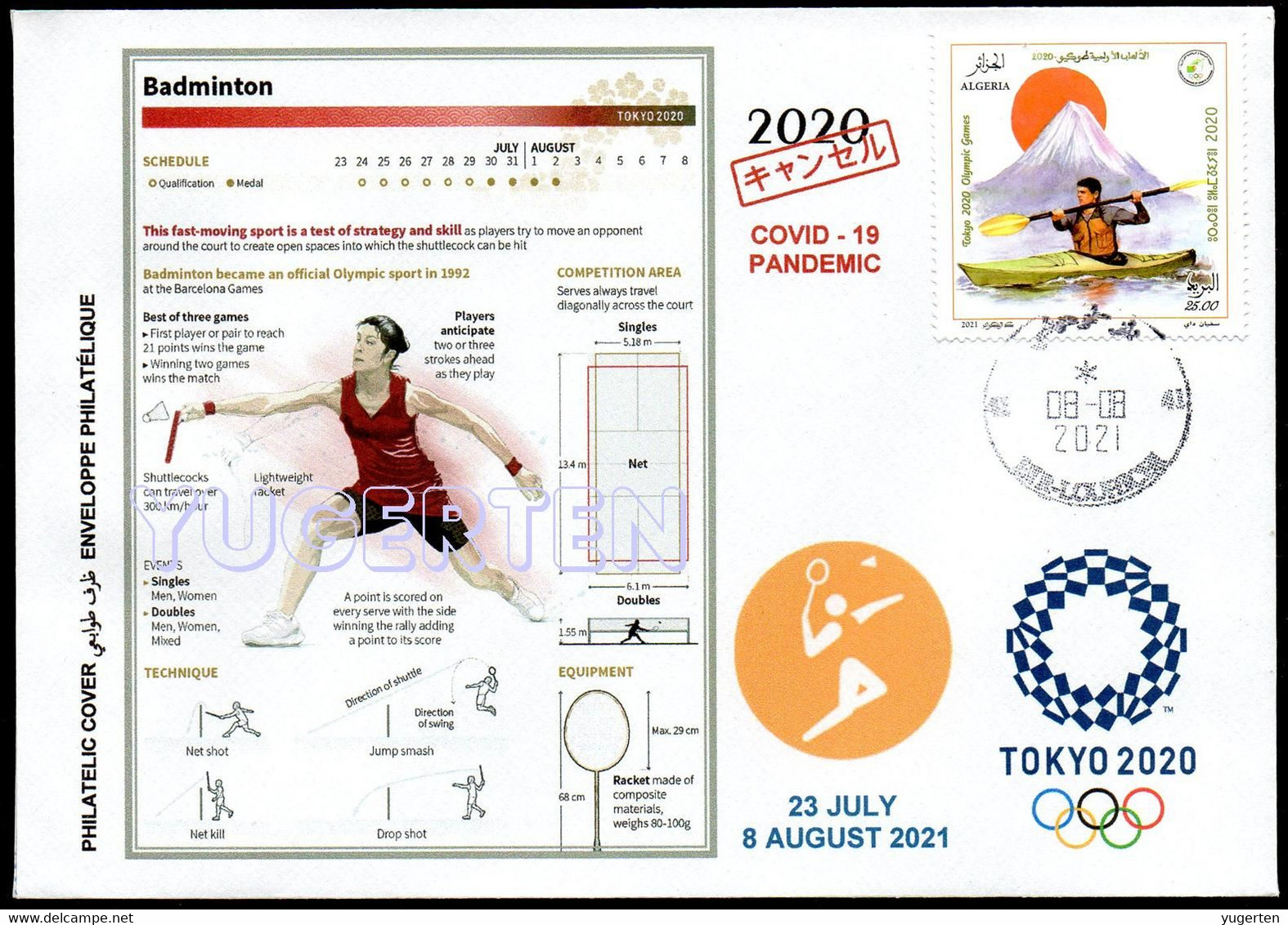 ARGELIA 2021 - Philatelic Cover - Badminton Olympics Tokyo 2020 Olympische Olímpicos Olympic Sport Sports COVID - Bádminton