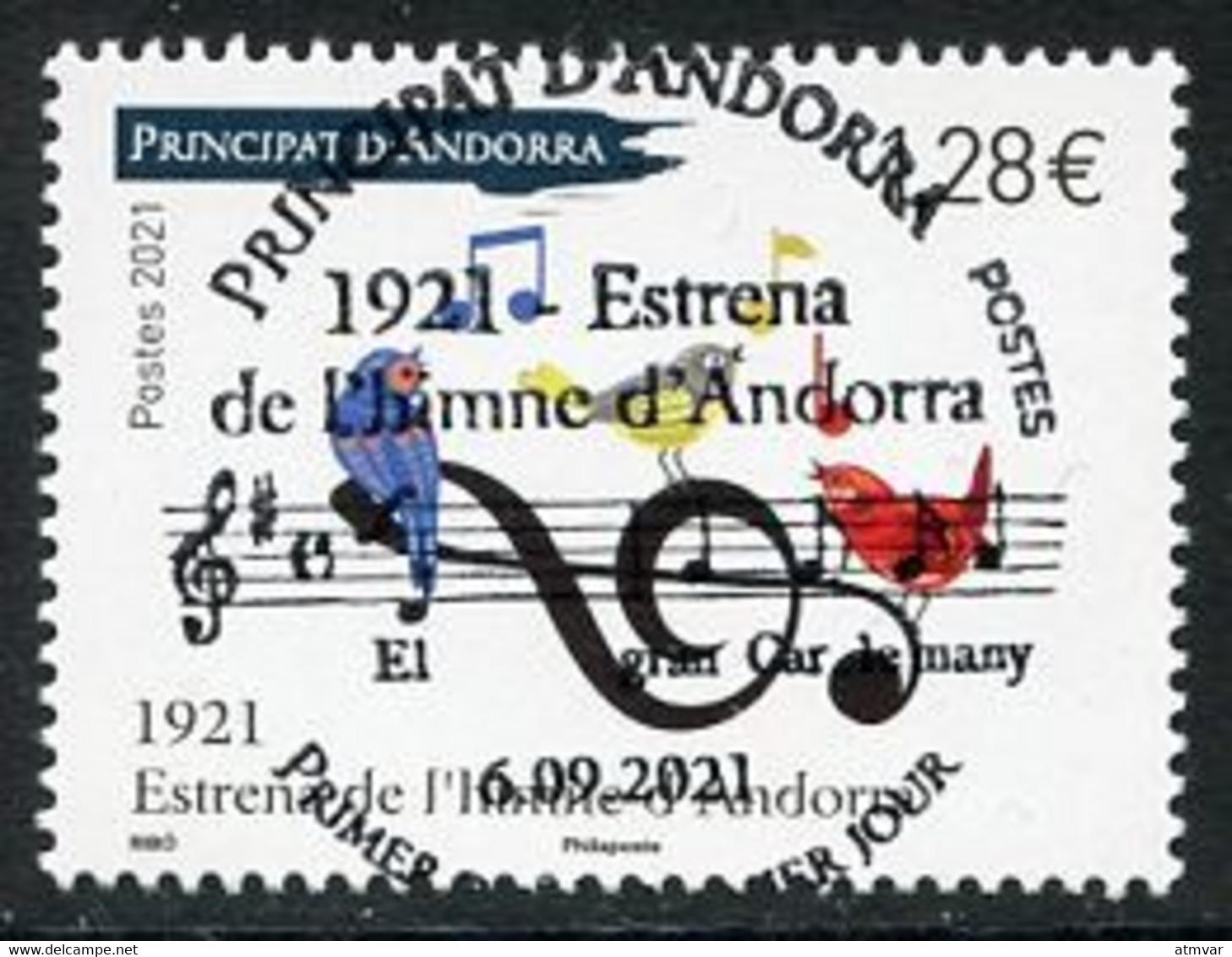 ANDORRA (2021) 1921 Estrena De L'himne D'Andorra, Himno, Music, Anthem, Hymne, Musique, Oiseau, Birds, Notes - First Day - Gebruikt