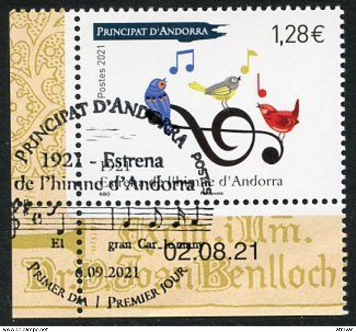 ANDORRA (2021) 1921 Estrena De L'himne D'Andorra, Himno, Music, Anthem, Hymne, Musique, Oiseau, Birds, Notes - First Day - Oblitérés