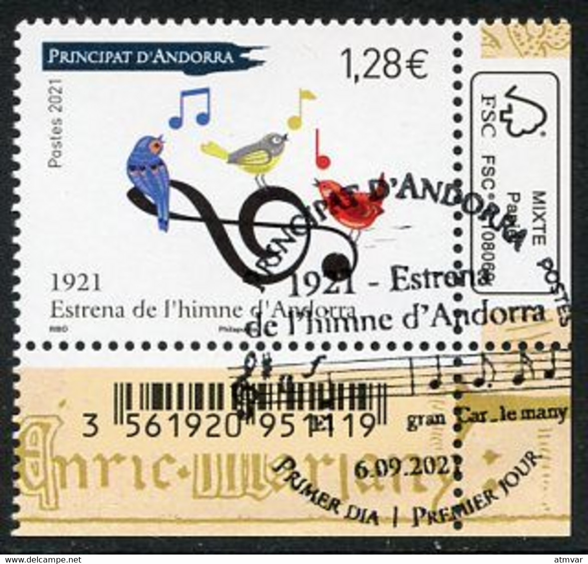 ANDORRA (2021) 1921 Estrena De L'himne D'Andorra, Himno, Music, Anthem, Hymne, Musique, Oiseau, Birds, Notes - First Day - Used Stamps