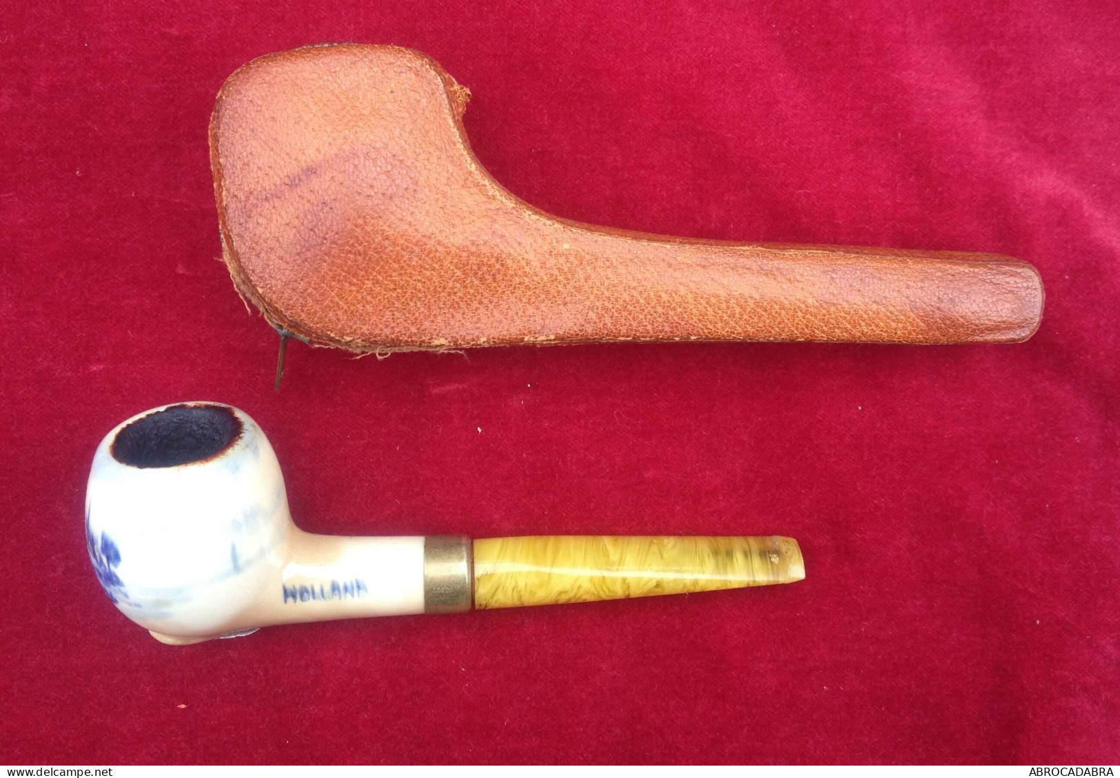 Pipe Hollandaise En Céramique Et Tube Acrylique Avec étui Cuir - Pipe In Terra E Porcellana