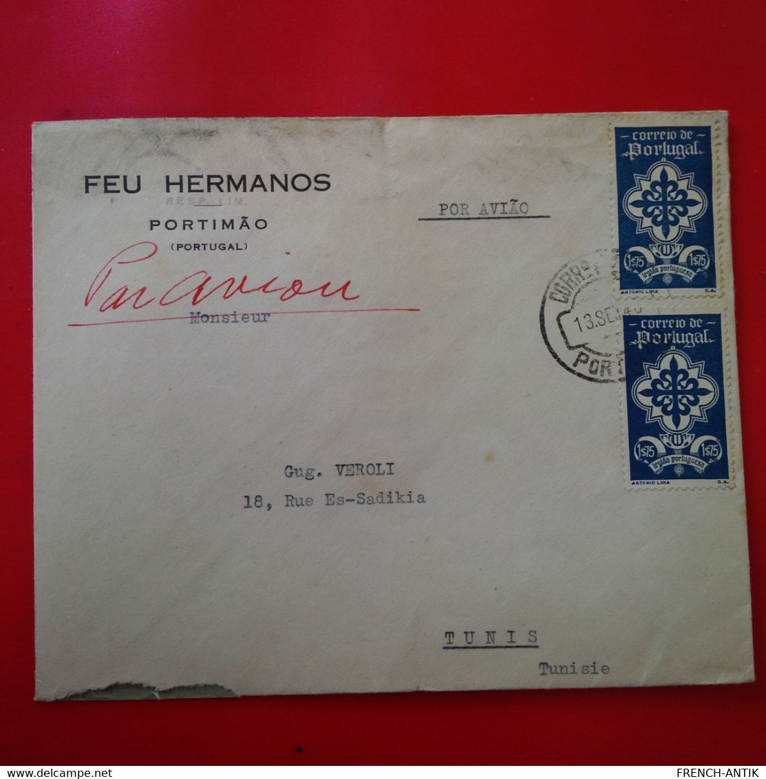 LETTRE PORTIMAO FEU HERMANOS POUR TUNIS POR AVIAO 1940 - Briefe U. Dokumente