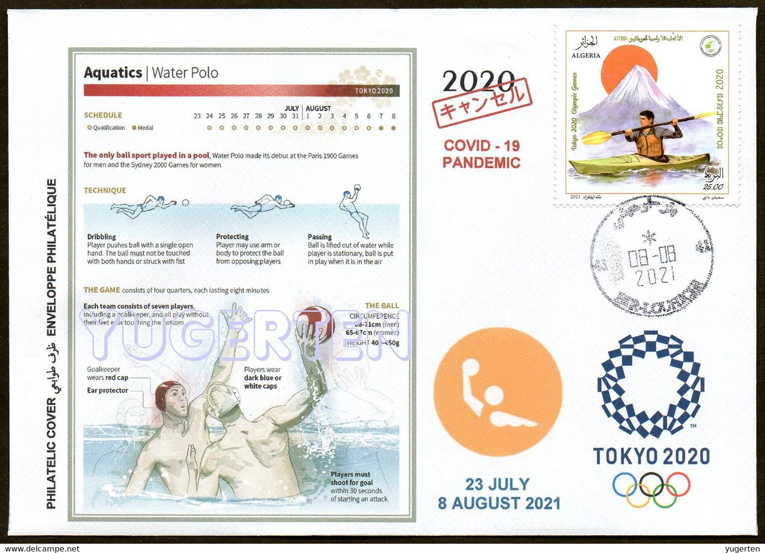 ARGELIA 2021 - Philatelic Cover - Water Polo Acuático Waterpolo Wasser Polo Olympics Tokyo 2020 Olympische COVID - Water-Polo