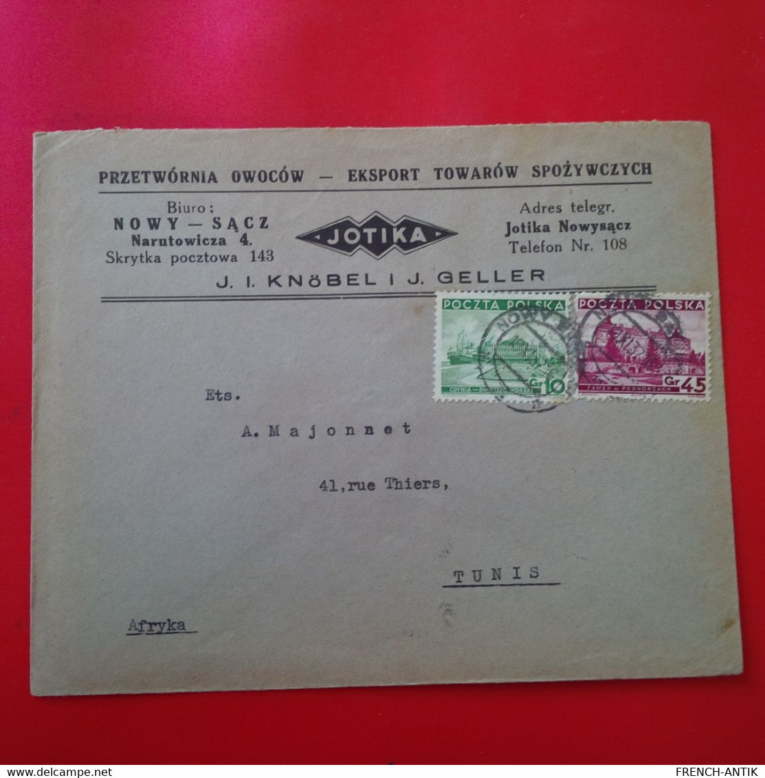 LETTRE NOWY POLOGNE POUR TUNIS 1937 - Briefe U. Dokumente