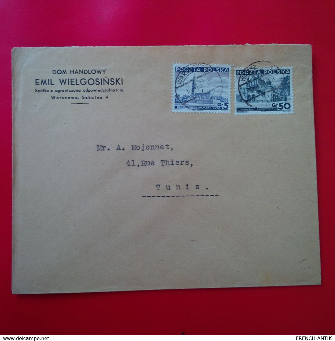 LETTRE WARSZAWA POUR TUNIS 1937 - Briefe U. Dokumente