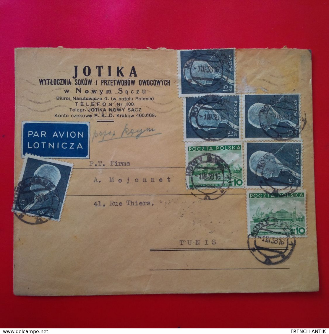 LETTRE NOWY SACZ POUR TUNIS CACHET POZNAN ET KATOWICE 1938 - Cartas & Documentos