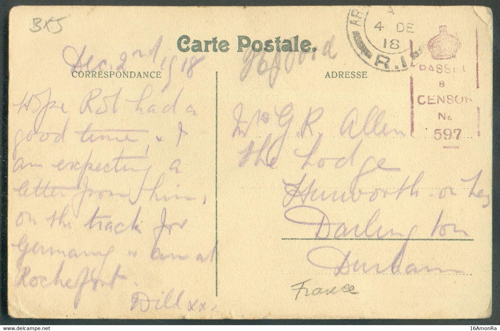 C.P. (CINEY - SORINNE Route De DINANT) Dc ARMY POST OFFICE 4 Déc. 1918 R.I. (expédiée De ROchefort) Vers Darlington Durh - Other & Unclassified