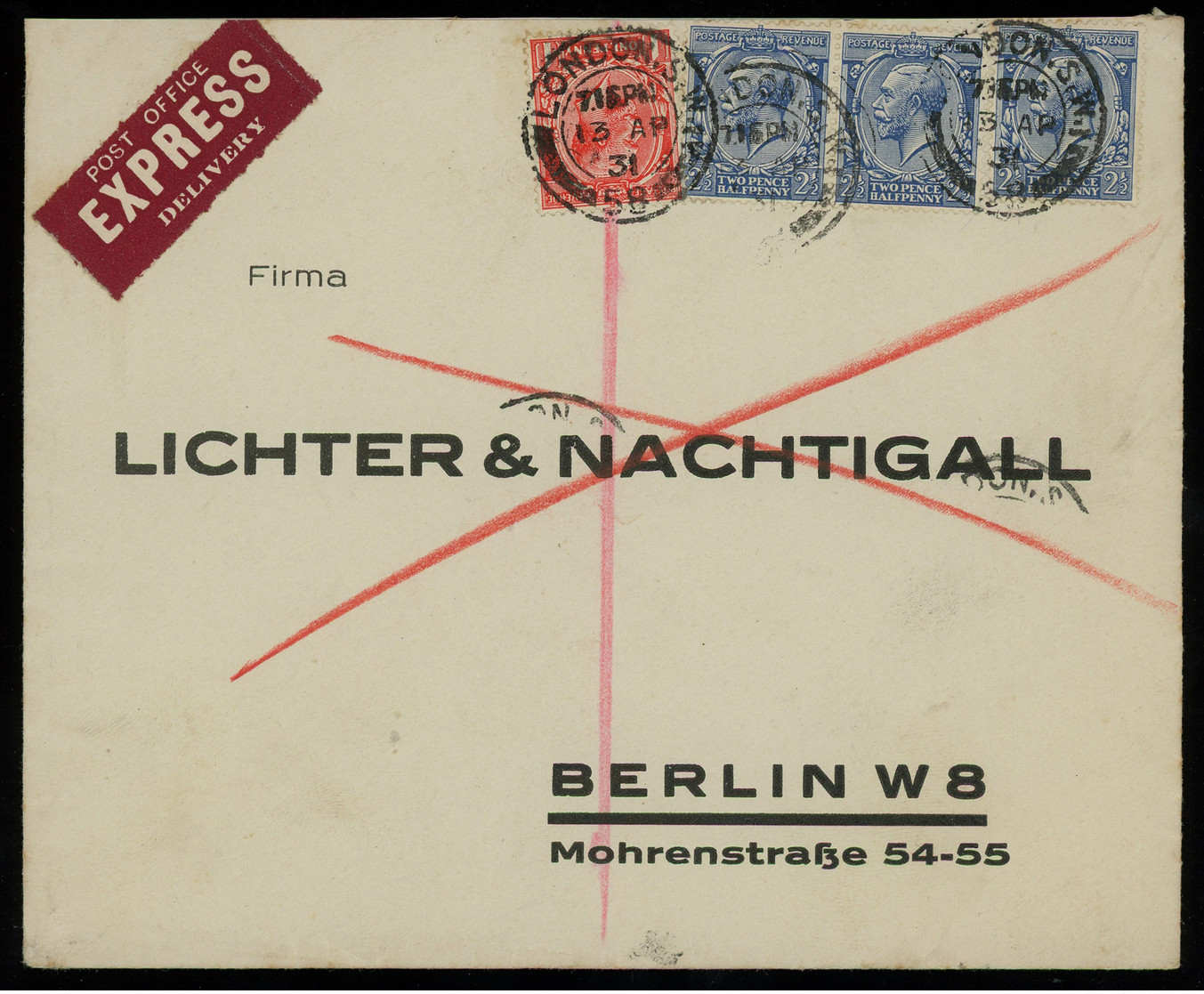 TREASURE HUNT [01282] Great Britain 1931 Air Mail Cover From London To Berlin Bearing KGV 1d Red+2 1/2d Blue Pair+single - Briefe U. Dokumente