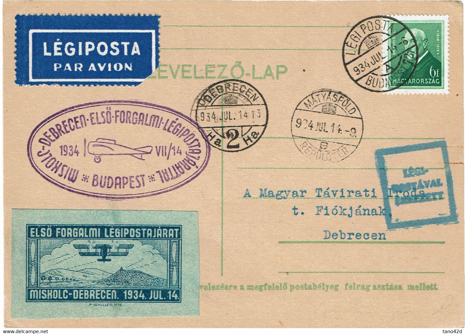 CTN71- HONGRIE CP AVION 14/7/1934 - Cartas & Documentos