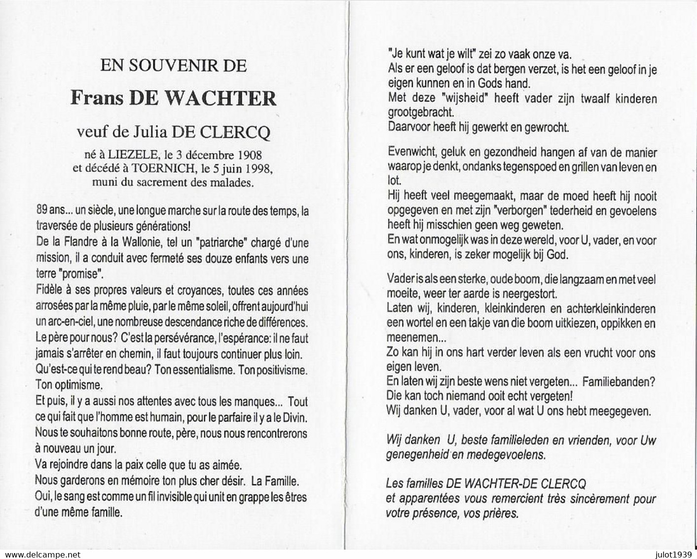 TOERNICH ..-- Mr Frans DE WACHTER , Veuf De Mme Julia DE CLERCQ , Né En 1908 à LIEZELE , Décédé En 1998 . - Arlon