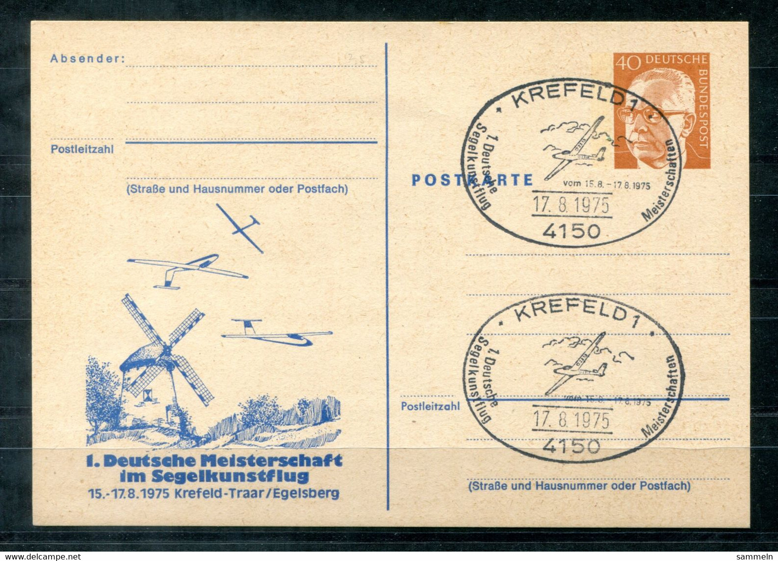 F1230 - BUND - Privat-Ganzsache PP 48/6 (??) - Sonderstempel Segelflug, Bild Windmühle - Cartes Postales Privées - Oblitérées