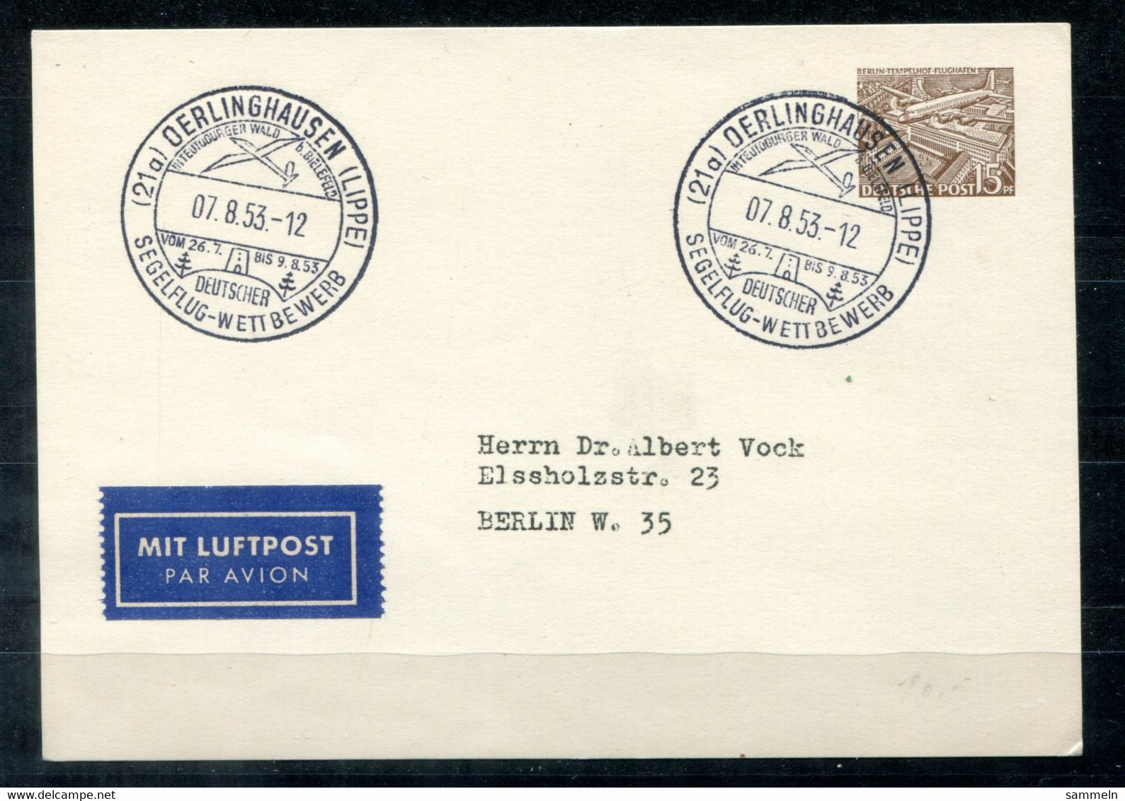 F1233 - BERLIN - Privatganzsache PP 7/1 (??) - Sonderstempel Segelflug - Cartes Postales Privées - Oblitérées