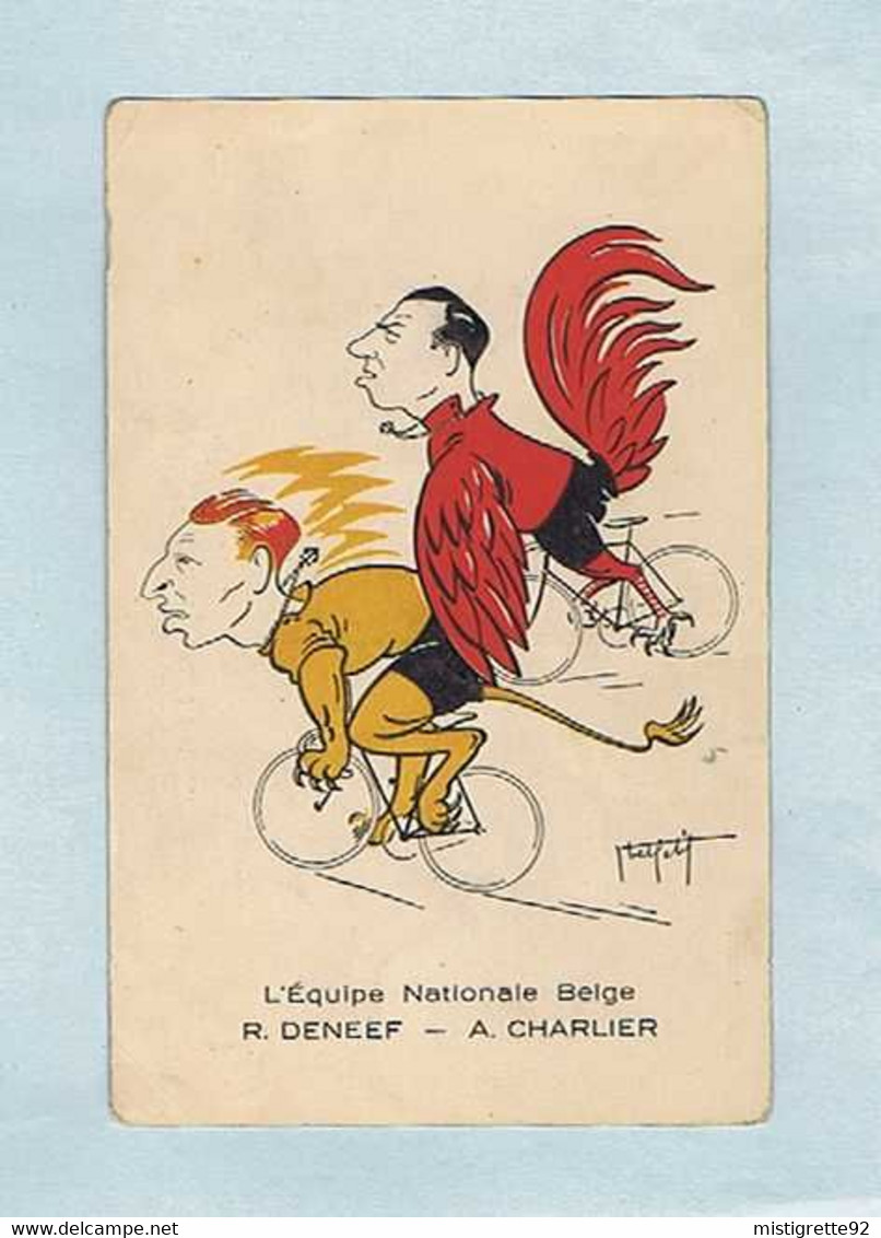 CPA Cyclisme : L'Équipe Nationale Belge Roger DE NEEF - A. CHARLIER, Illustrateur Abel PETIT, Caricaturiste. Vélo. - Ciclismo