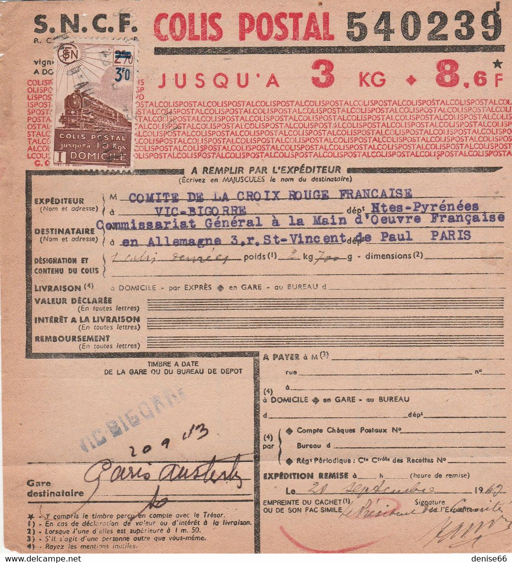 1942 Comité De La CROIX ROUGE Fse - Colis Postal Pour La MAIN D’ŒUVRE Fse En ALLEMAGNE - STO VIC-BIGORRE - Historical Documents