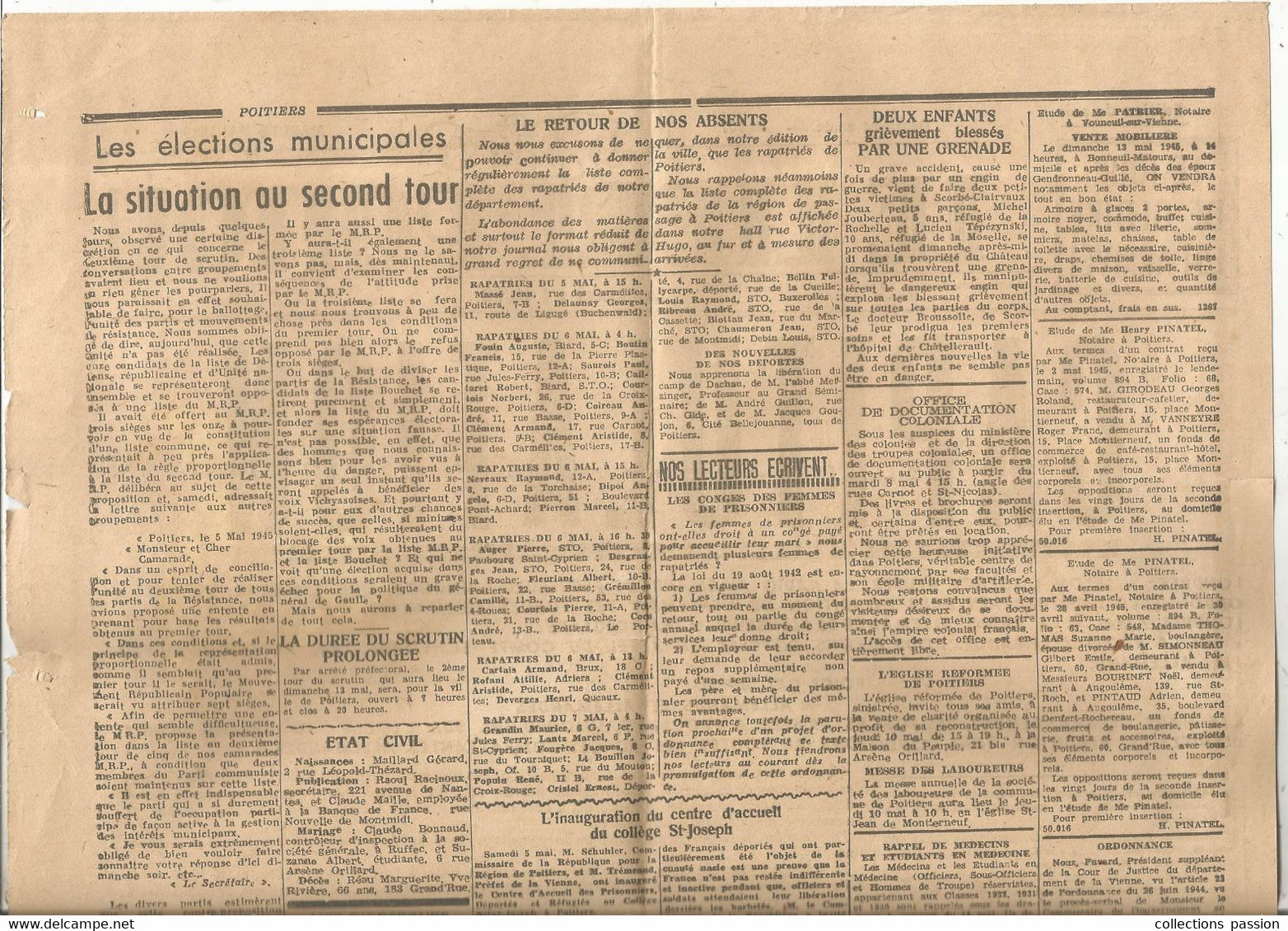 JC , Journal, LE LIBRE POITOU, 8 Mai 1945, CAPITULATION, Poitiers  , Frais Fr : Recommandé R2 : 7.00 E - Other & Unclassified