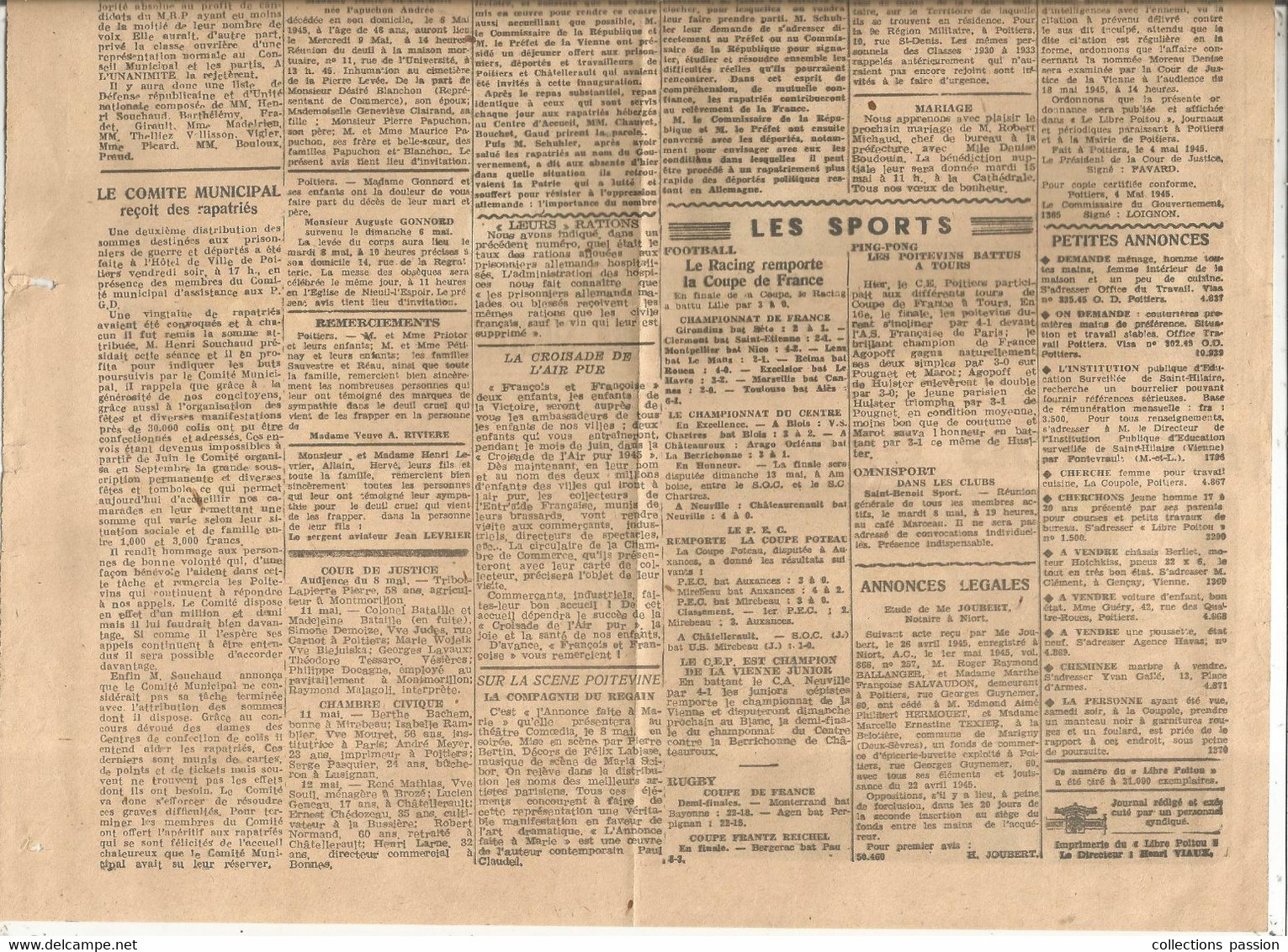 JC , Journal, LE LIBRE POITOU, 8 Mai 1945, CAPITULATION, Poitiers  , Frais Fr : Recommandé R2 : 7.00 E - Andere & Zonder Classificatie
