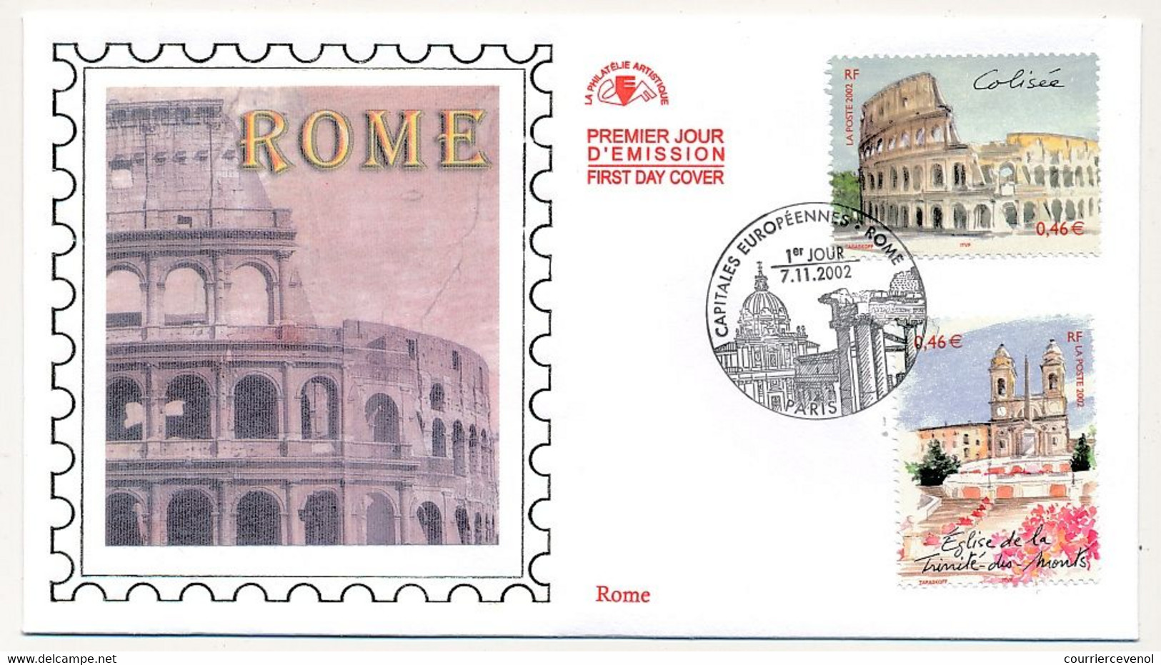 FRANCE - 2 Env FDC Soie - Capitales Européennes - ROME - 7/11/2002 Paris - 2000-2009