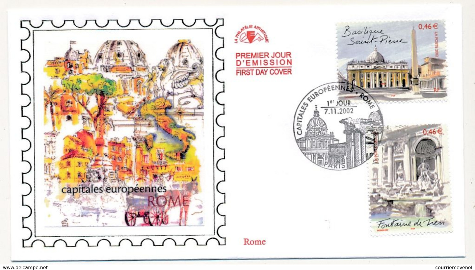 FRANCE - 2 Env FDC Soie - Capitales Européennes - ROME - 7/11/2002 Paris - 2000-2009