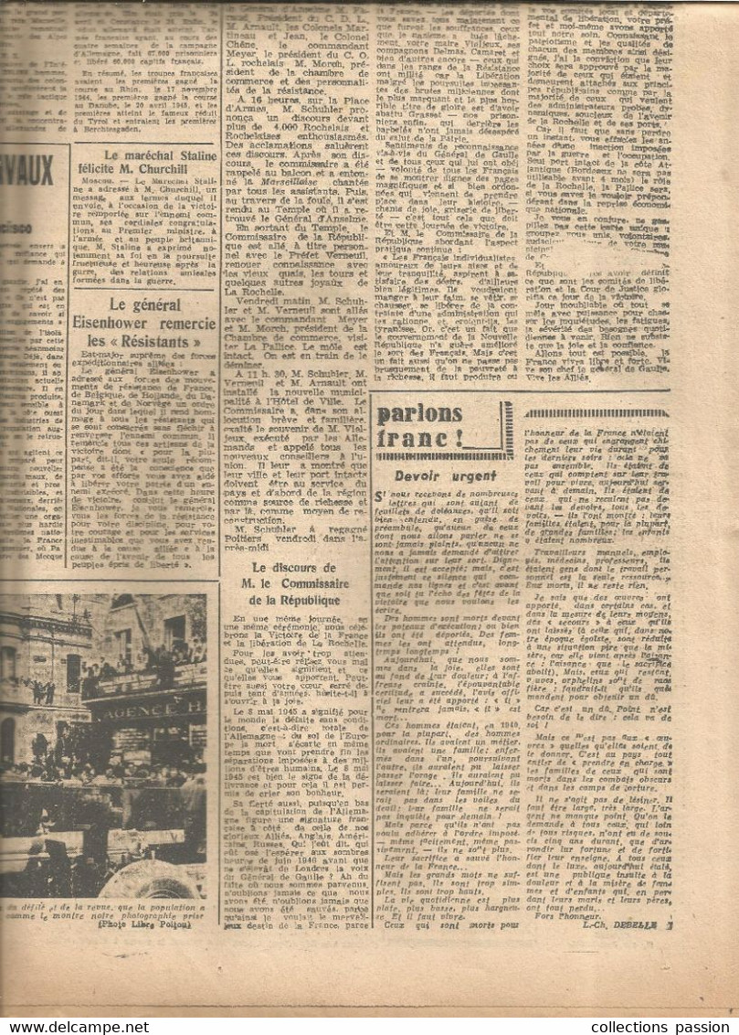 JC, Journal, LE LIBRE POITOU, 12, 13 Mai 1945, , Poitiers , Directeur : H. Viaux , Frais Fr : Recommandé R2 : 7.00 E - Other & Unclassified