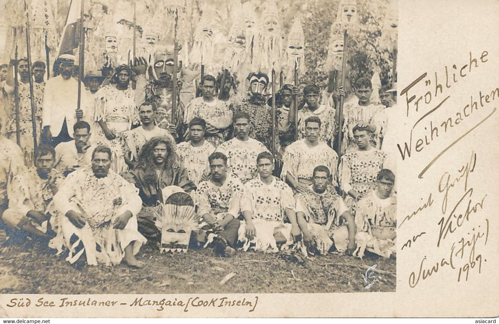 Real Photo Mangaia Cook Inseln Sud See Insulaner . Native Dressed With Masks . Not Postally Used - Cook Islands