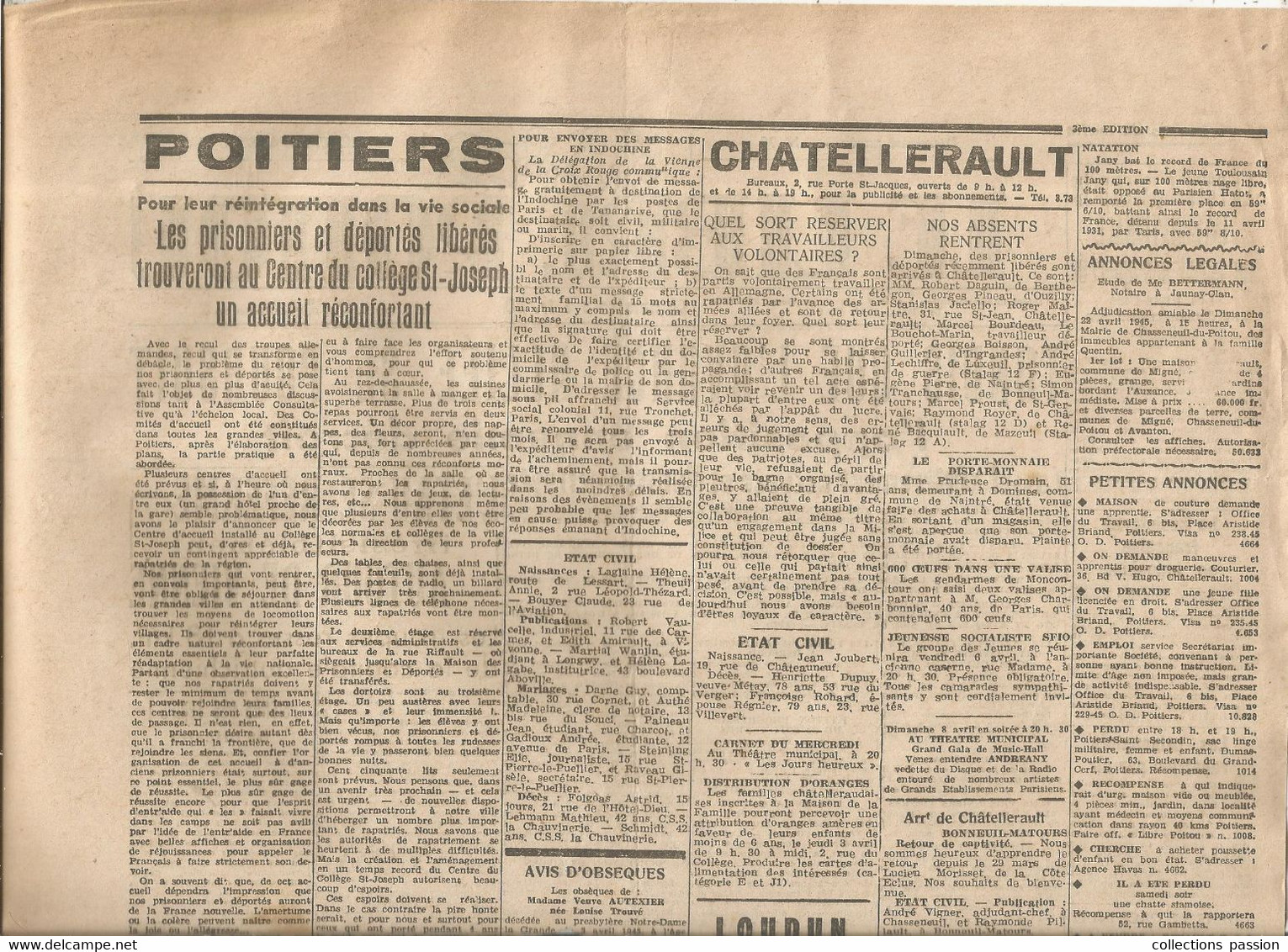 JC , Journal, LE LIBRE POITOU, 4 Avril 1945, , Poitiers , Directeur : H. Viaux , Frais Fr : En Suivi 3.95 E - Otros & Sin Clasificación
