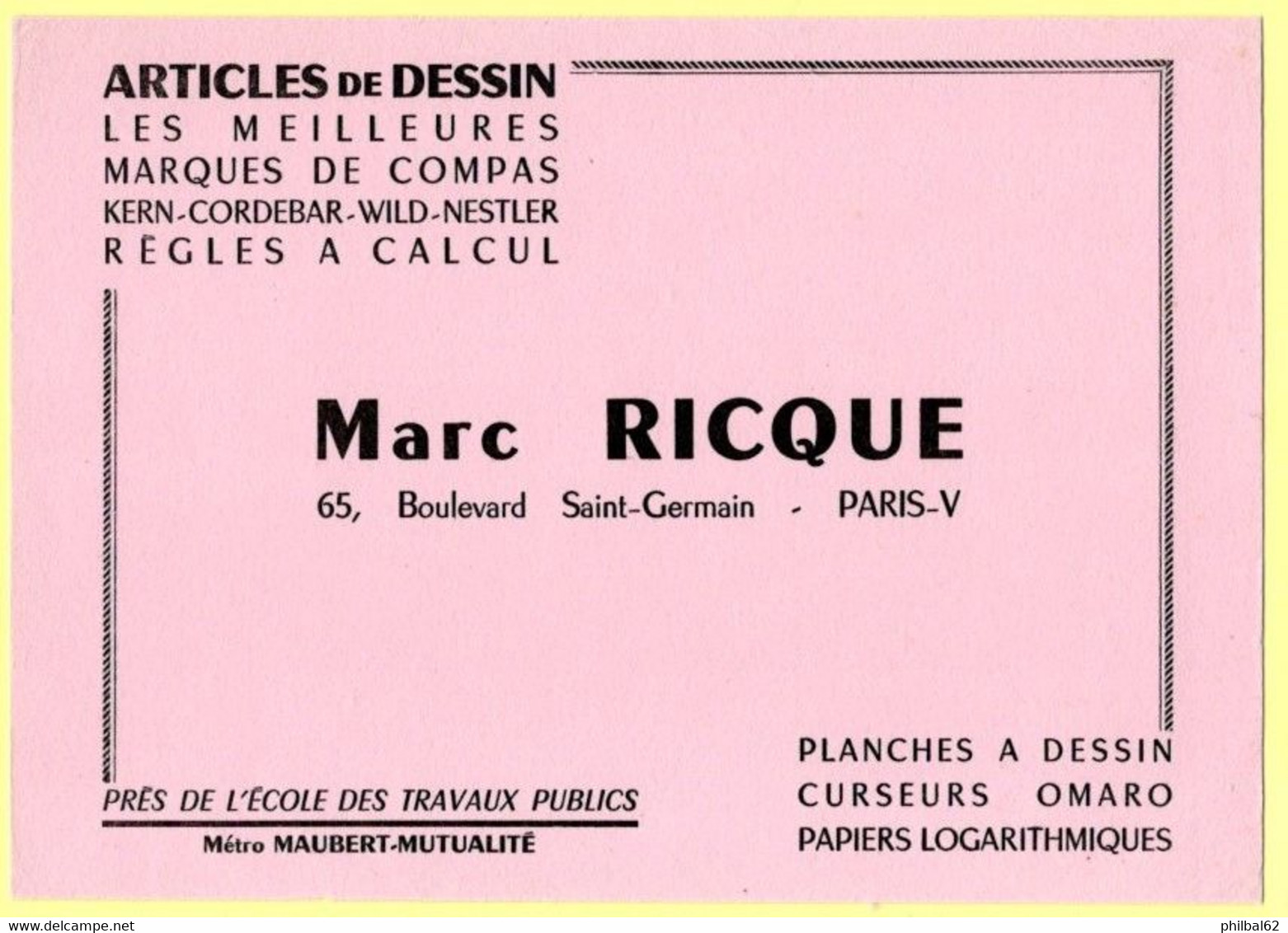 Buvard Marc Rique, Articles De Dessin, Compas, Règles à Calcul ....65 Bd. Saint-Germain à Paris. - Papeterie