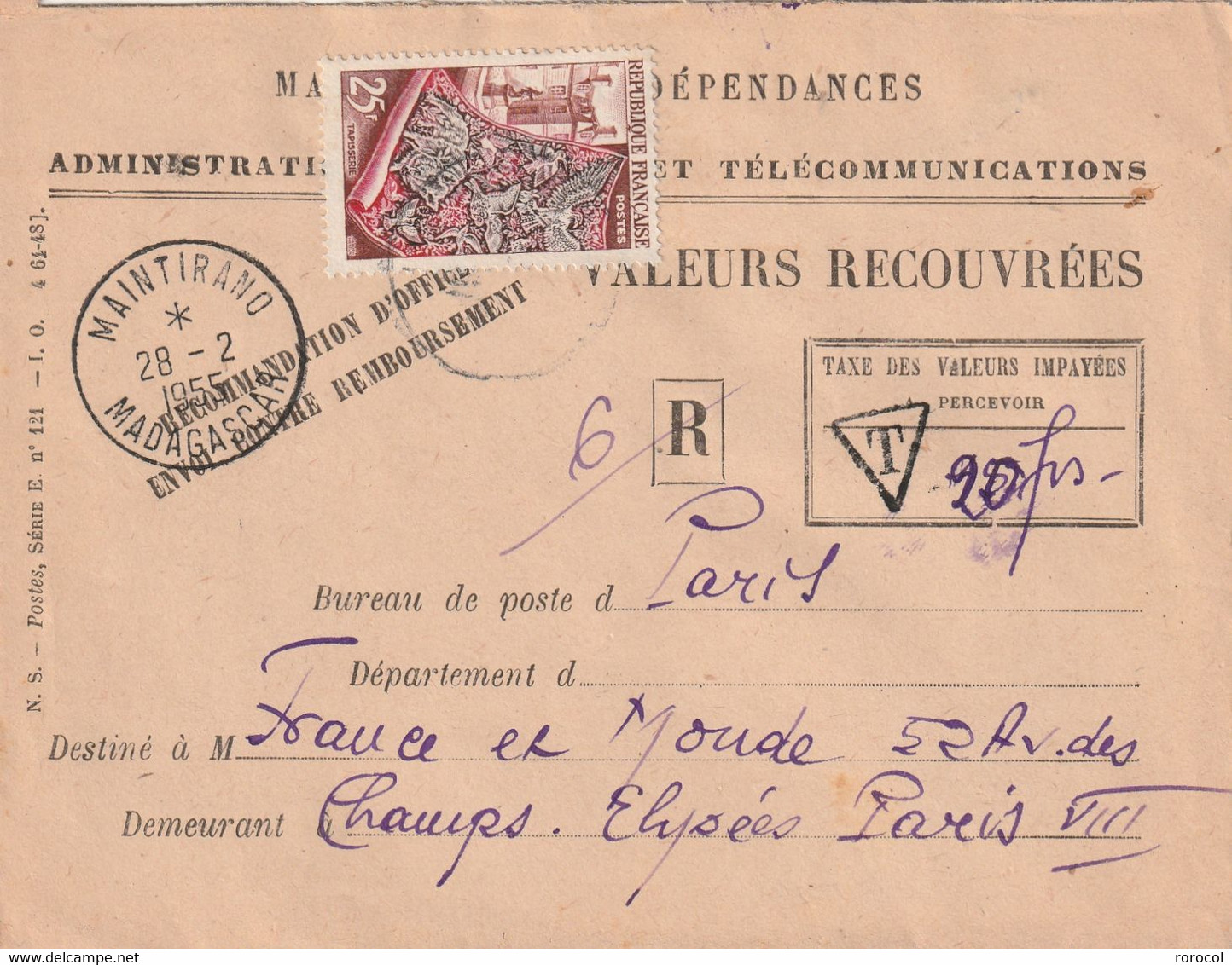 MADAGASCAR VALEURS RECOUVREES MAINTIRANO 1955 - Other & Unclassified