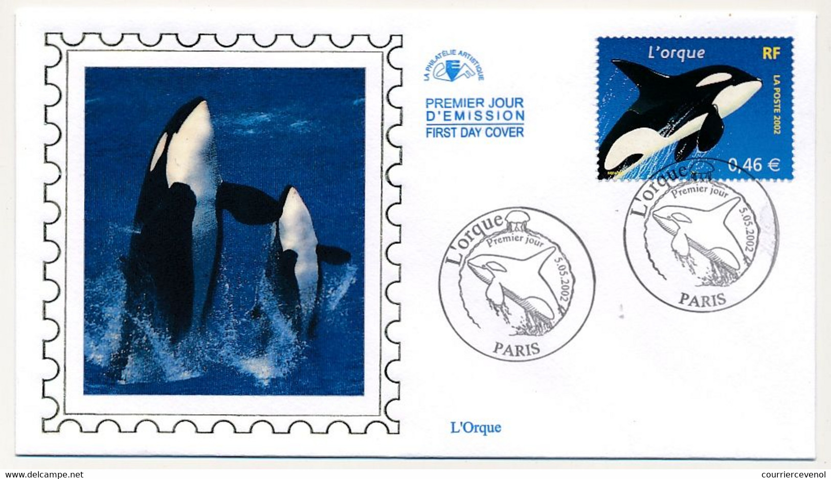 FRANCE - 4 Env FDC Soie - Animaux Marins - Tortue, Grand Dauphin, Orque, Phoque Veau Marin - 5/5/2002 Paris - 2000-2009