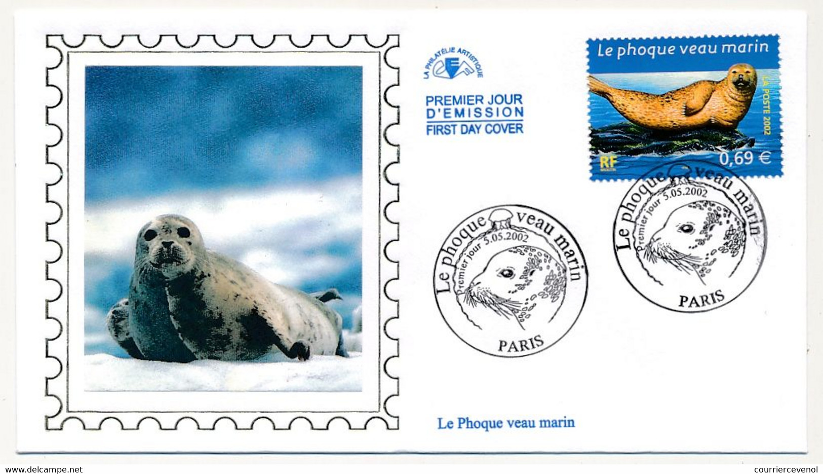 FRANCE - 4 Env FDC Soie - Animaux Marins - Tortue, Grand Dauphin, Orque, Phoque Veau Marin - 5/5/2002 Paris - 2000-2009