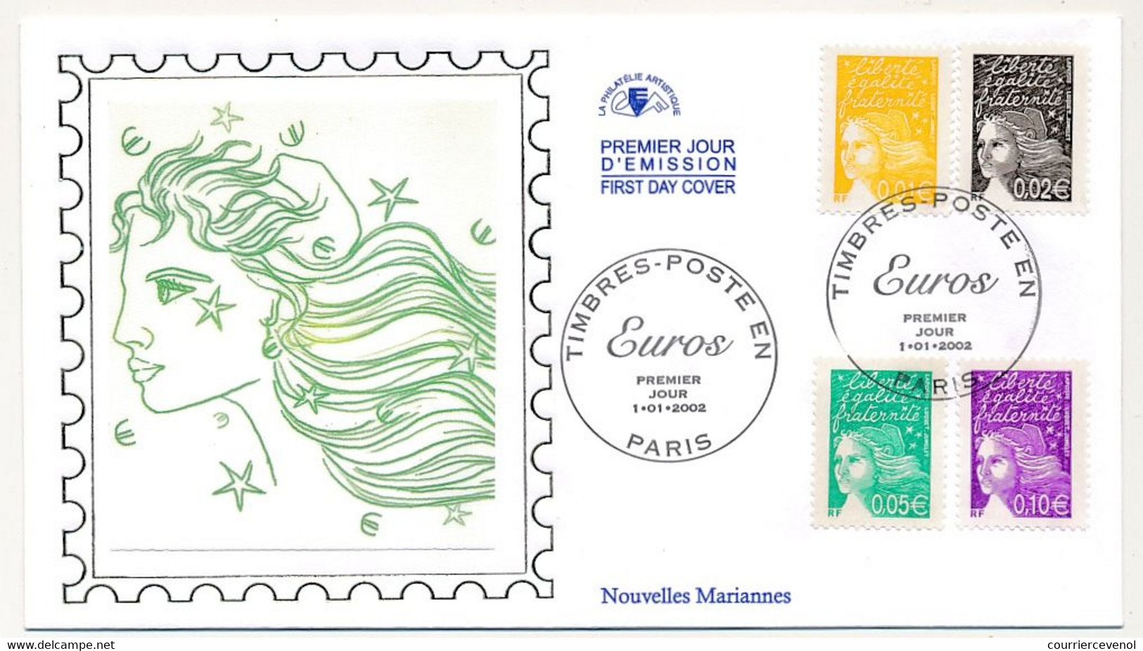 FRANCE - 4 Env FDC Soie - Marianne De Luquet - 15 Valeurs - 1/01/2001 PARIS - 2000-2009