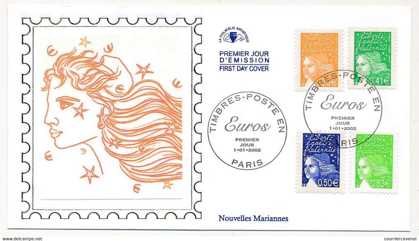 FRANCE - 4 Env FDC Soie - Marianne De Luquet - 15 Valeurs - 1/01/2001 PARIS - 2000-2009