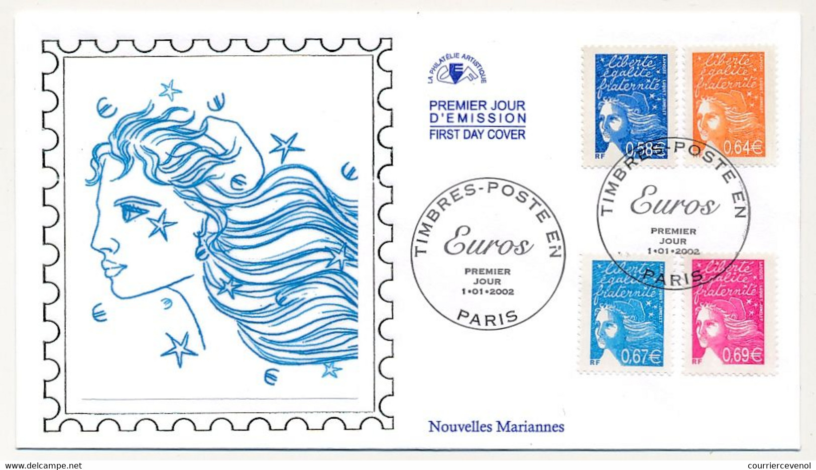 FRANCE - 4 Env FDC Soie - Marianne De Luquet - 15 Valeurs - 1/01/2001 PARIS - 2000-2009