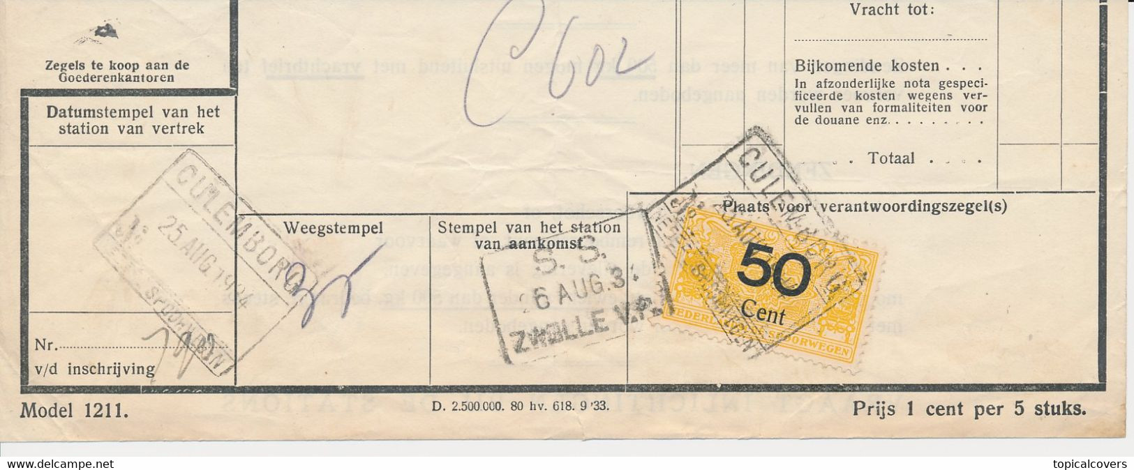 Deel Van Vrachtbrief / Spoorwegzegel N.S. - Culemborg 1934 - Chemins De Fer