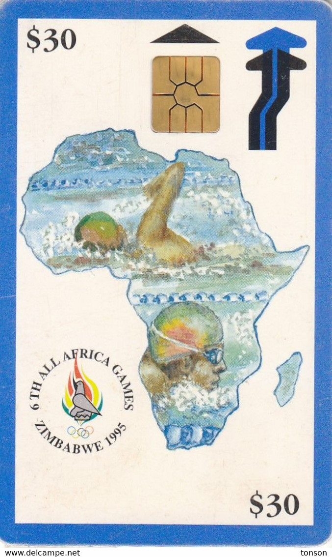 Zimbabwe, ZIM-03a, $30, 6th All Africa Games - Blue, Swimming, 2 Scans.    Chip : GEM2 (red) - Zimbabwe