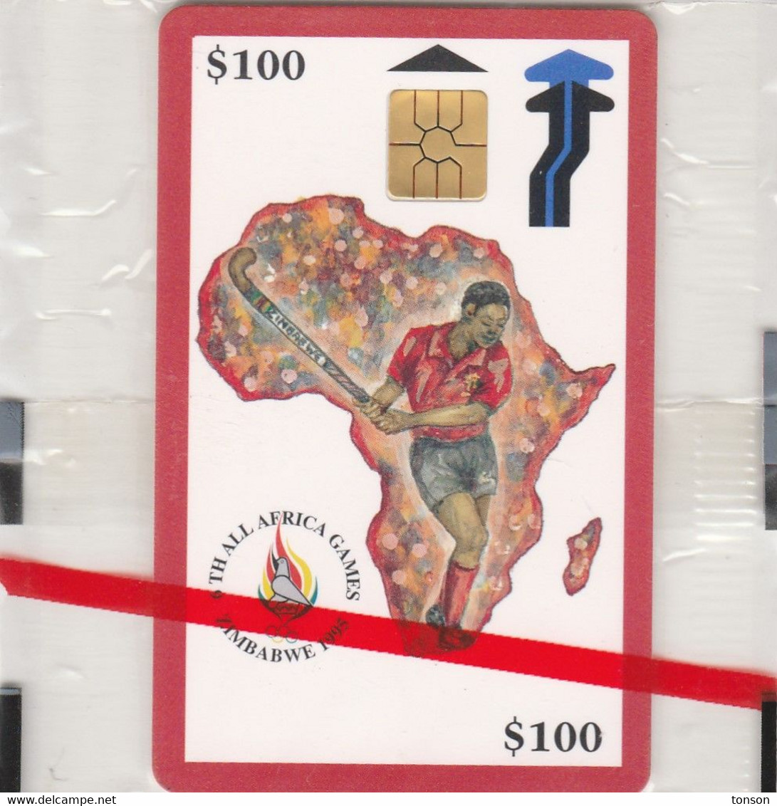 Zimbabwe, ZIM-05a, $100, 6th All Africa Games - Red, Hockey, Mint In Blister, 2 Scans.    Chip : GEM2 (Red) - Zimbabwe