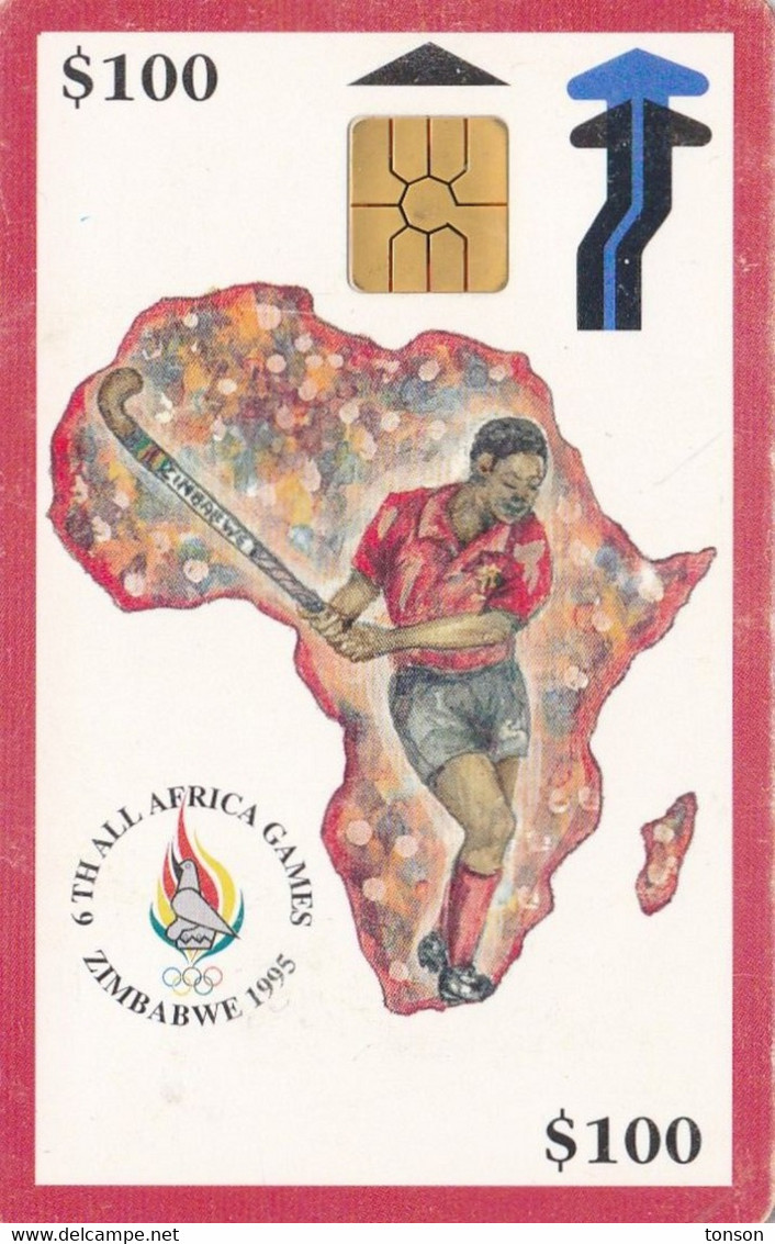 Zimbabwe, ZIM-05a, $100, 6th All Africa Games - Blue, Hockey, 2 Scans.    Chip : GEM2 (red) - Zimbabwe