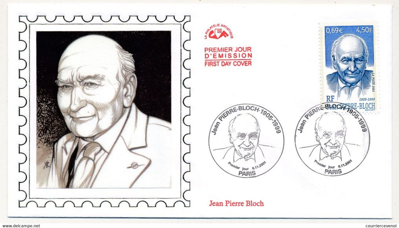 FRANCE - 1 Env FDC Soie - Jean Pierre Bloch - 6/11/2001 Paris - 2000-2009