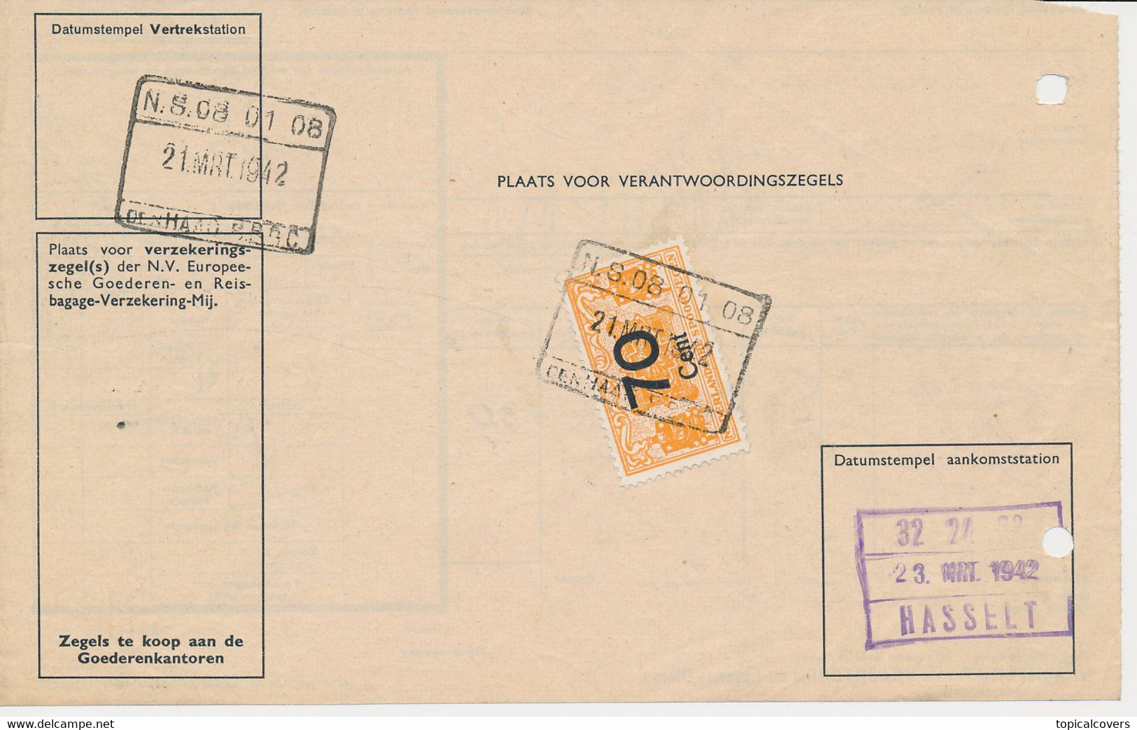 Vrachtbrief / Spoorwegzegel N.S. - Den Haag 1942 - Spoorwegzegels