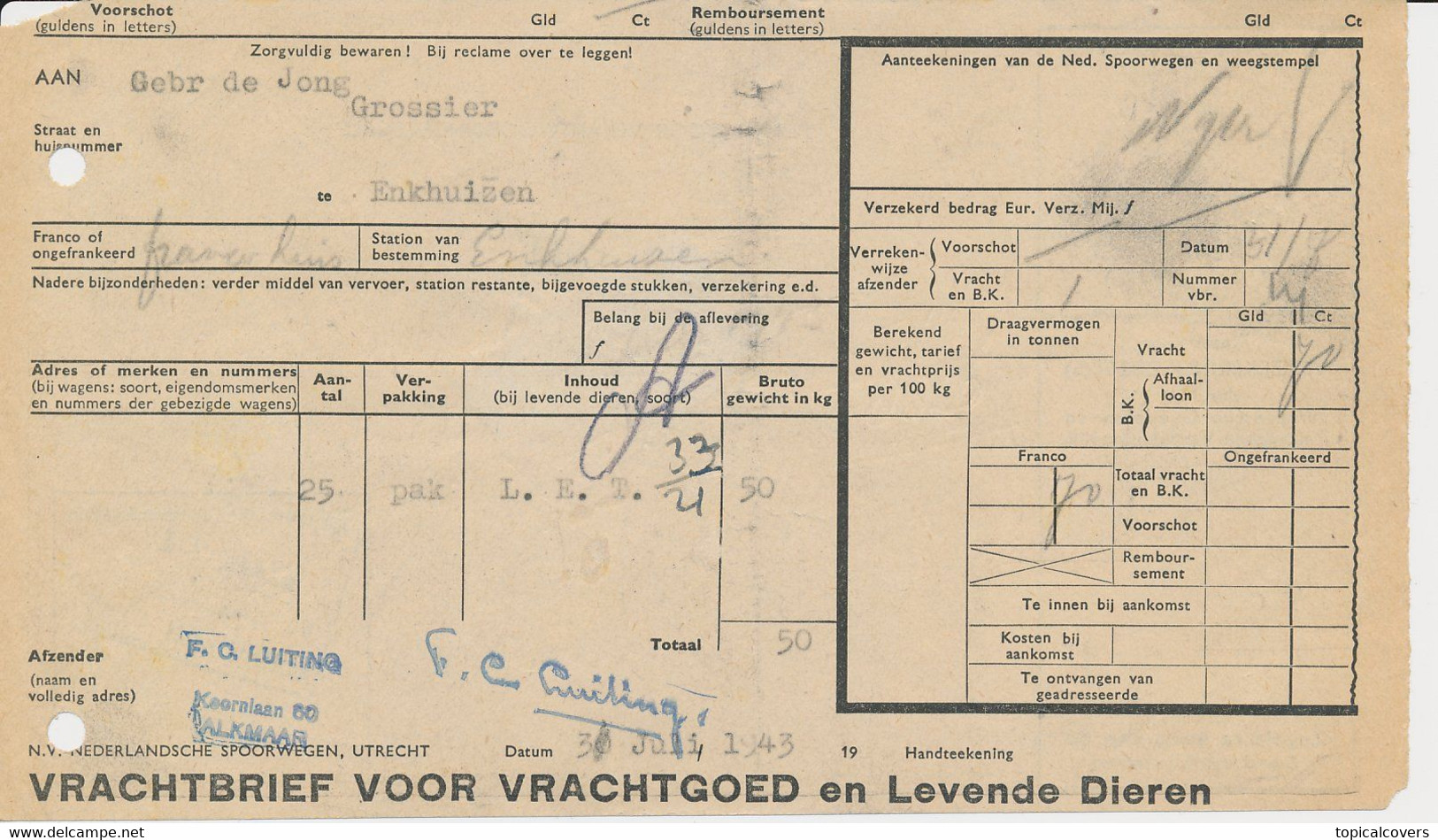 Vrachtbrief / Spoorwegzegel N.S. - Alkmaar 1942 - Spoorwegzegels