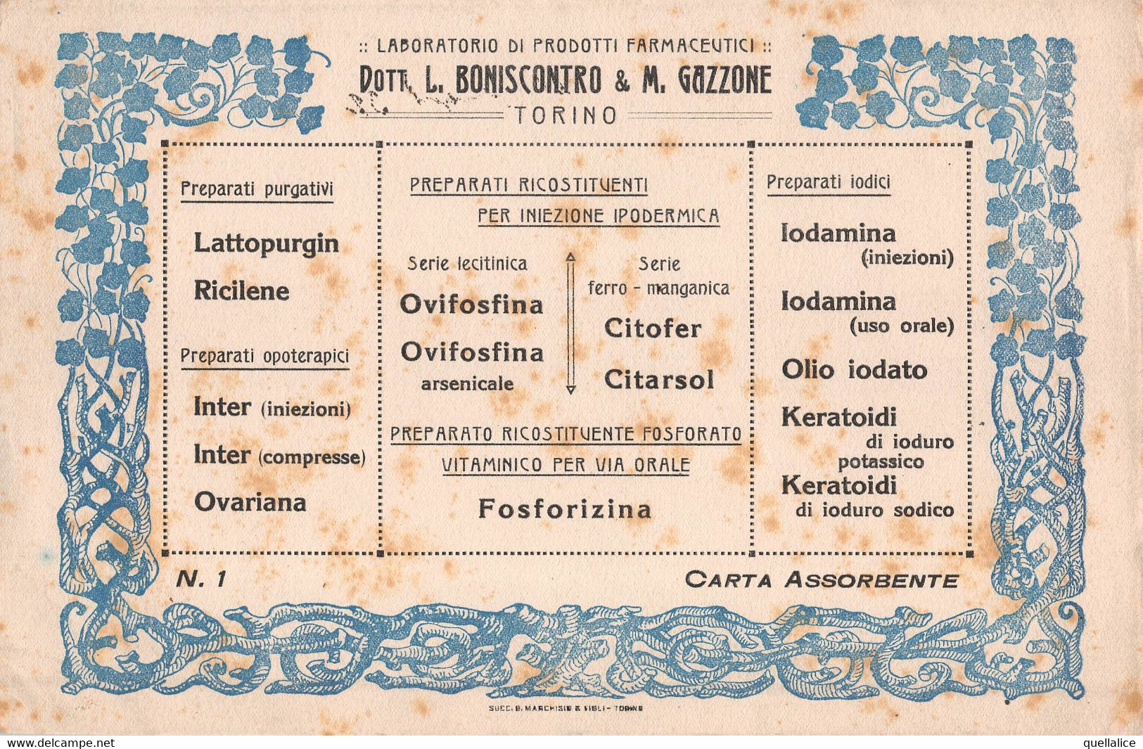 03068 "TORINO - DOTT. L. BONISCONTRO & M. GAZZONE - PREPARATI PURGATIVI, IODICI, OPOTERAPICI.........." CARTA ASSORBENTE - Lebensmittel