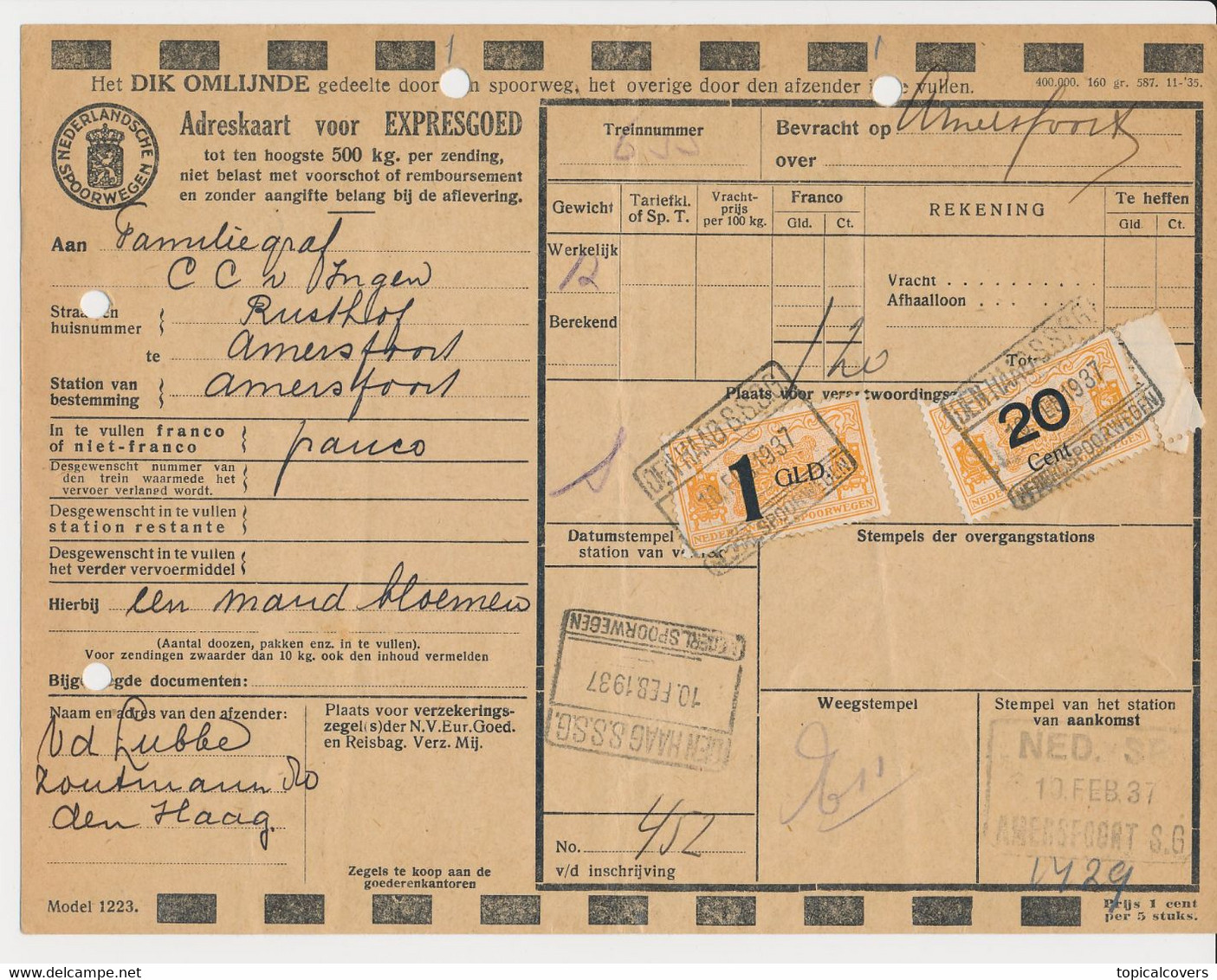 Adreskaart / Spoorwegzegel N.S. - Den Haag 1937 - Spoorwegzegels
