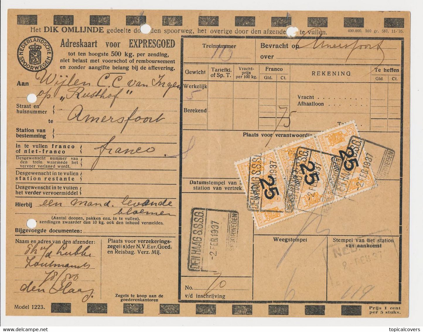Adreskaart / Spoorwegzegel N.S. - Den Haag 1937 - Chemins De Fer