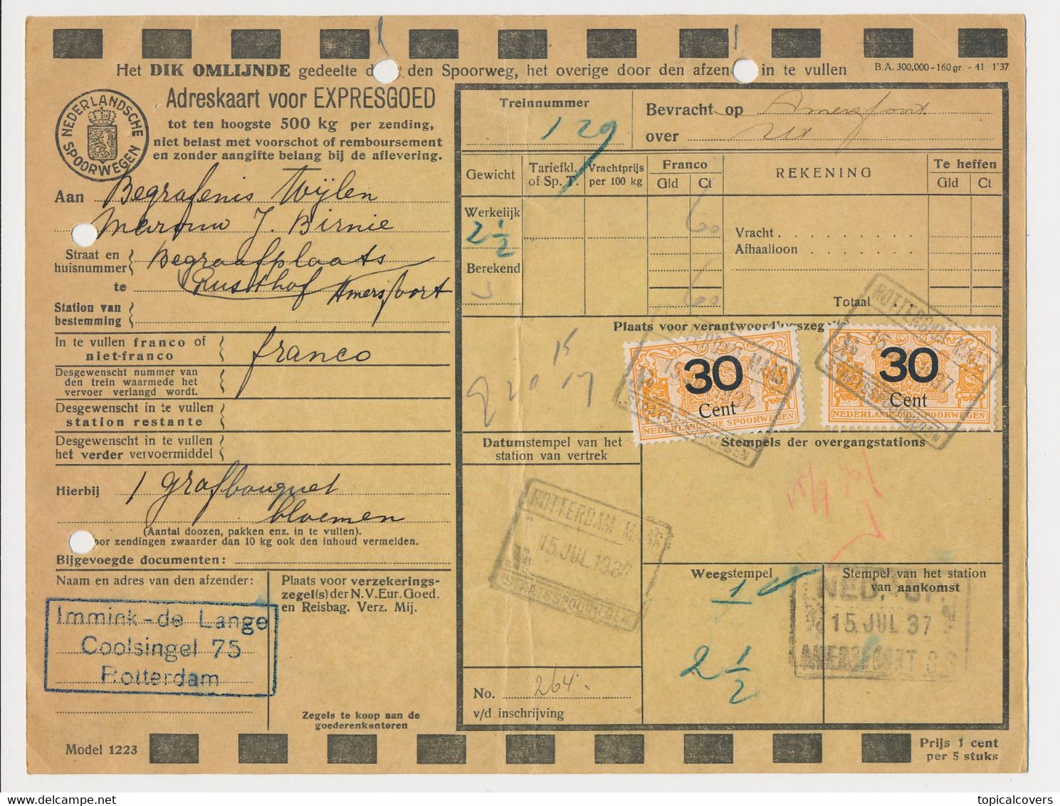 Adreskaart / Spoorwegzegel N.S. - Rotterdam 1937 - Chemins De Fer