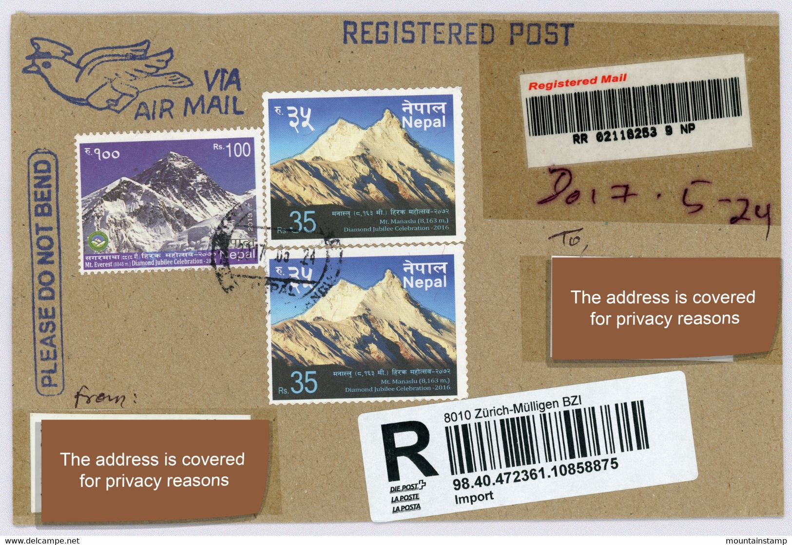 Nepal 2016 (Box 1) Mountains Berge Diamond Jubilee Everest & Manaslu - Registered Cover To Switzerland - Tonga (1970-...)