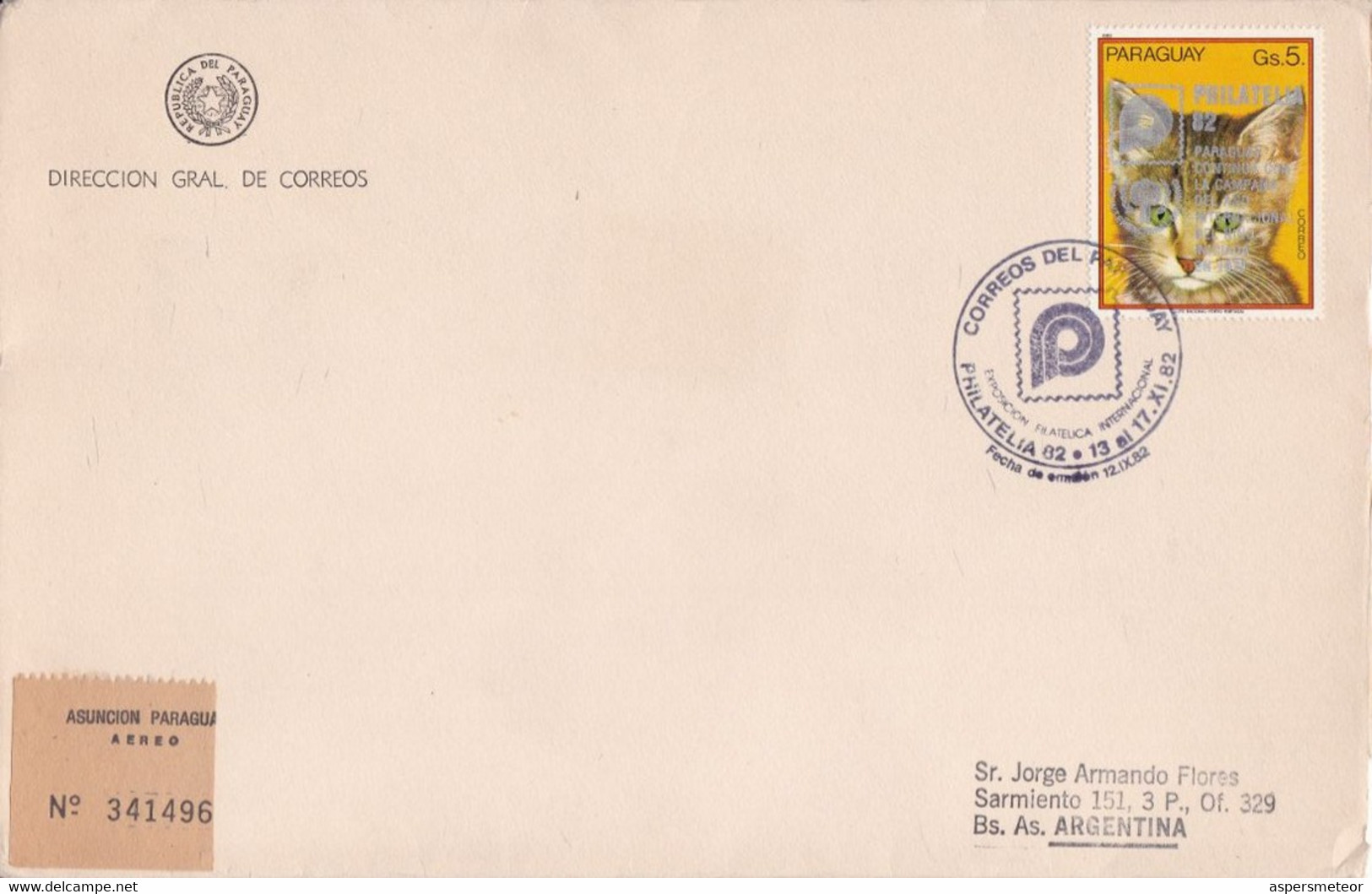 PHILATELIA 82 EXPOSICION FILATELICA INTERNACIONAL. GATO CHAT CAT. PARAGUAY 1982 FDC ENVELOPPE.- LILHU - Katten