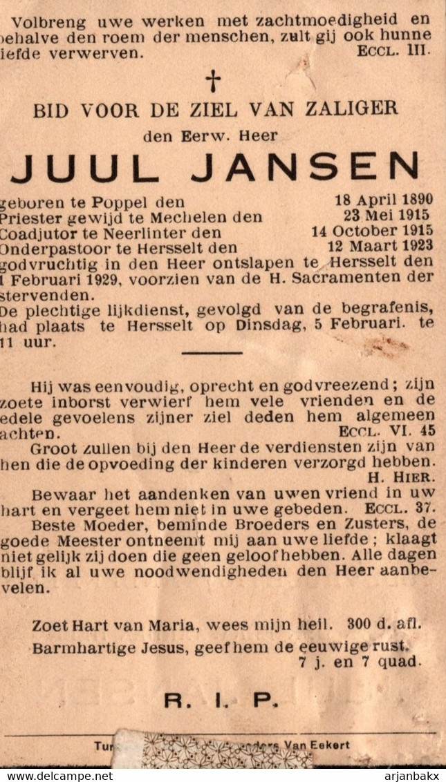 Bidprentje Doodsprentje Priester Overleden 1929 Poppel Mechelen Neerlinter Hersselt Jansen - Devotieprenten