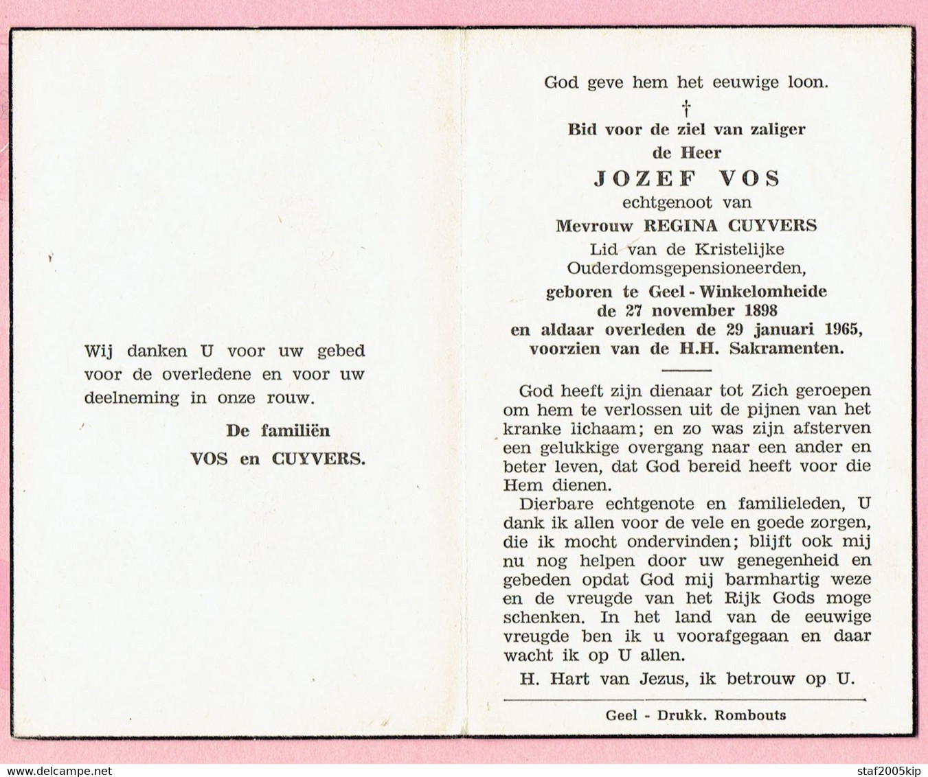 Bidprentje - Jozef VOS Echtg. Regina CUYVERS - Geel Winkelomheide 1898 - 1965 - Devotion Images