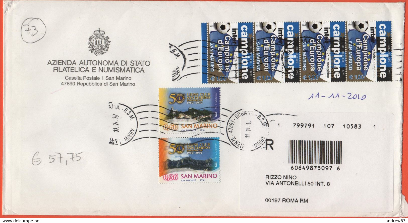 SAN MARINO - 2010 - 4 X Inter 3 Volte Campione + 2 X 50º Anniversario Del Lions Club Di San Marino - RACCOMANDATA - Viag - Cartas & Documentos